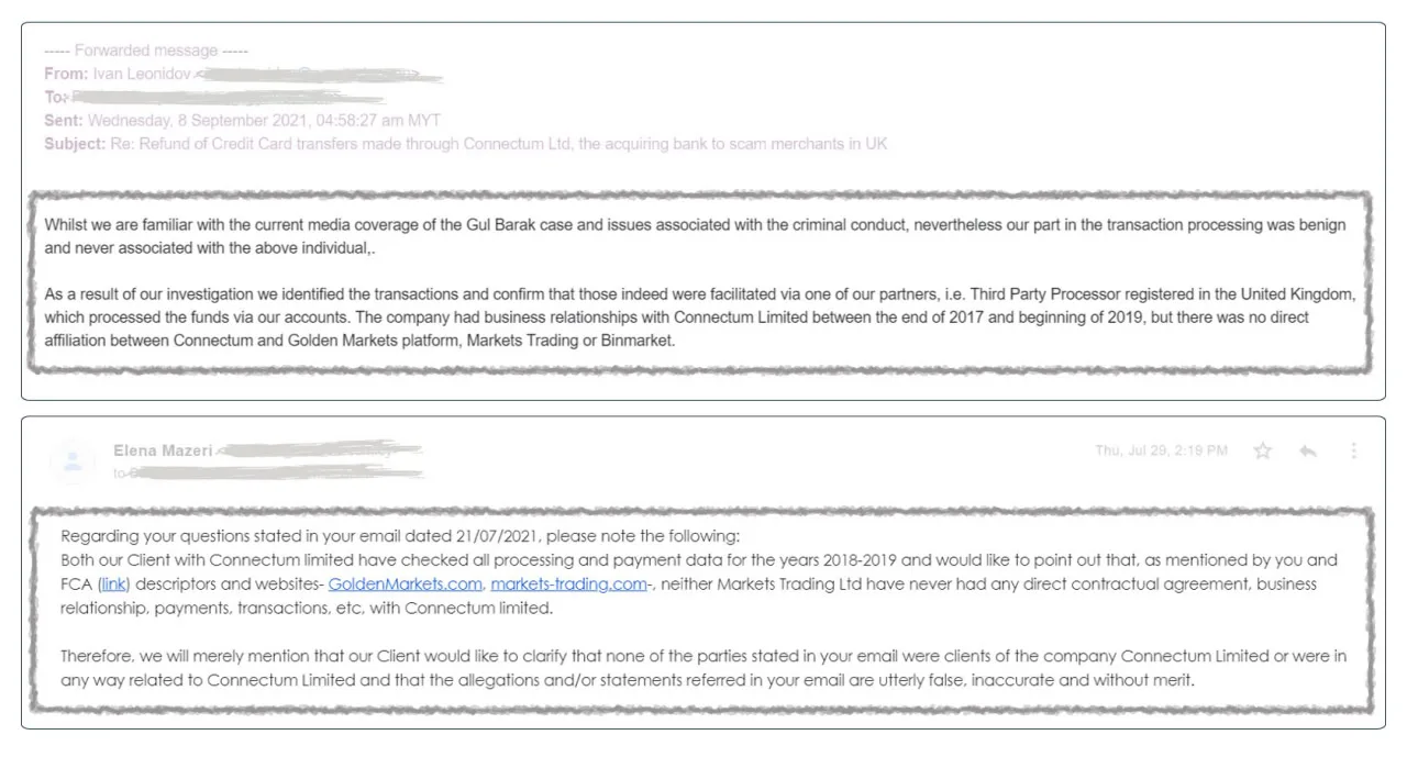 A September email from Connectum director Ivan Leonidov to a victim of the Golden Markets fraud directly contradicts a July email to RFA from lawyers for former Connectum owner Edgars Lasmanis claiming that Connectum never processed any transactions relating to the fraud.