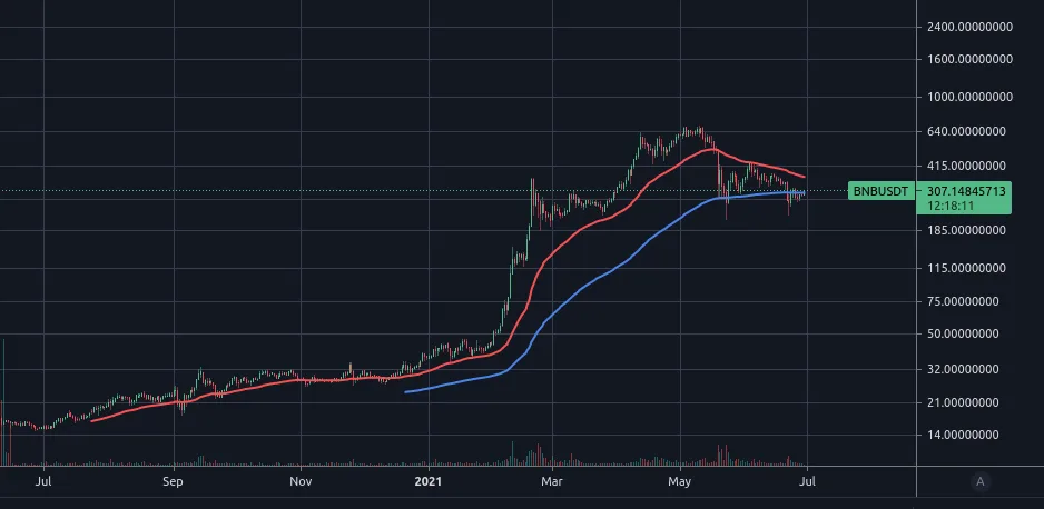 BNB price 2021 chart on logarithmic scale.